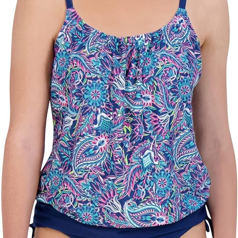 CARIBBEAN JOE CORAL REEF BLOUSON TOP & BLUE HIGH WAIST TANKINI SET SIZE 10 NWT